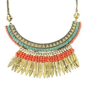 Aztec Collar Necklace Brass Feathers Rhinestones Woven Detail Vintage